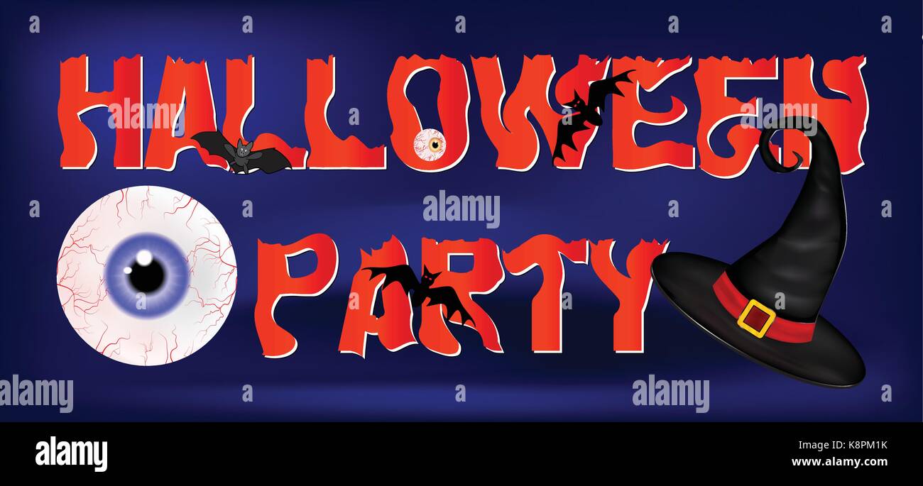 Immagine di happy Halloween spooky background design piatto con segno festa di Halloween. Illustrazione Vettoriale di invito scheda con scary sanguinosa eyeball in Illustrazione Vettoriale
