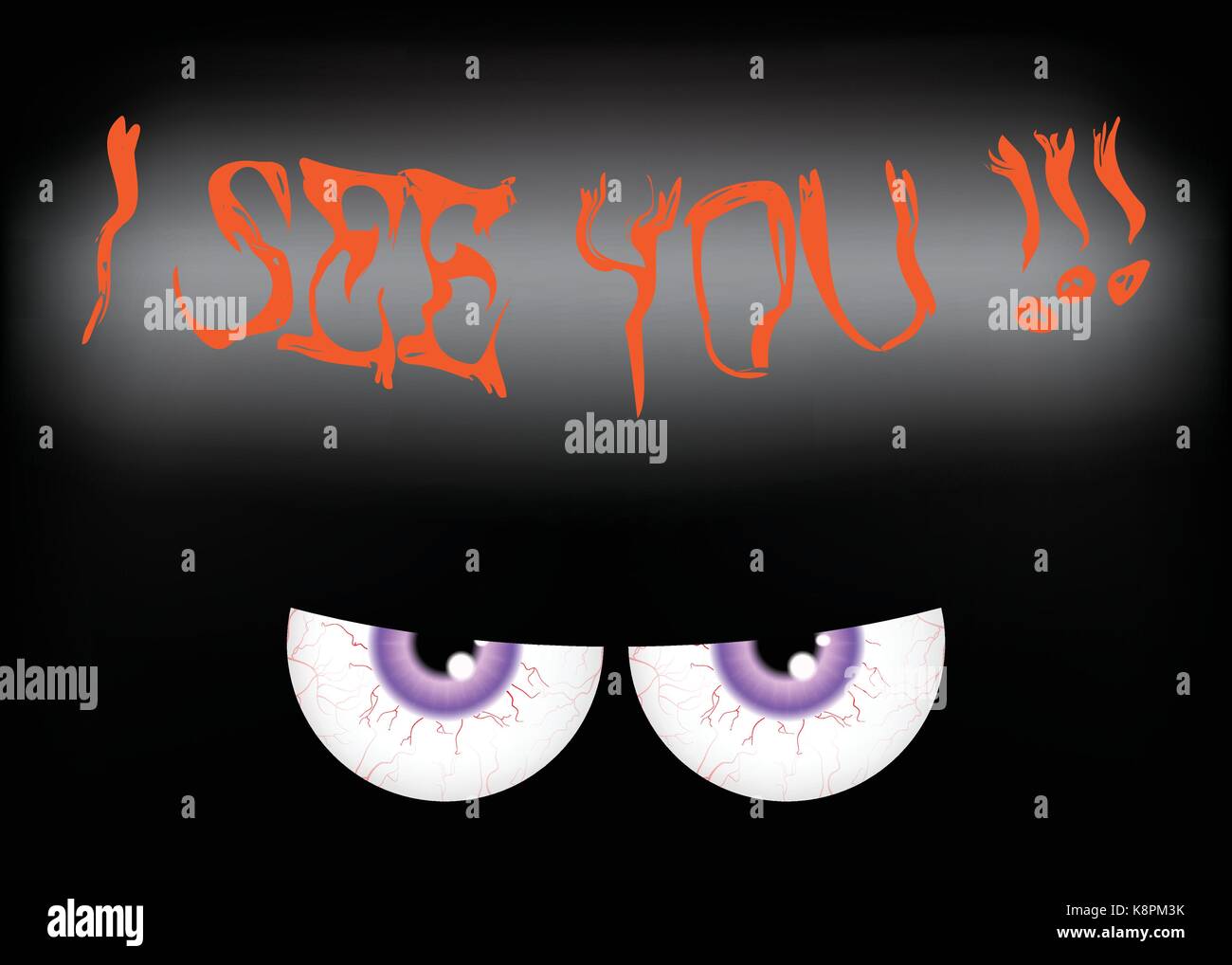 Immagine di happy Halloween spooky background design piatto. Illustrazione Vettoriale di invito scheda con scary sanguinosa occhi, bulbi oculari con segno ti vedo Illustrazione Vettoriale