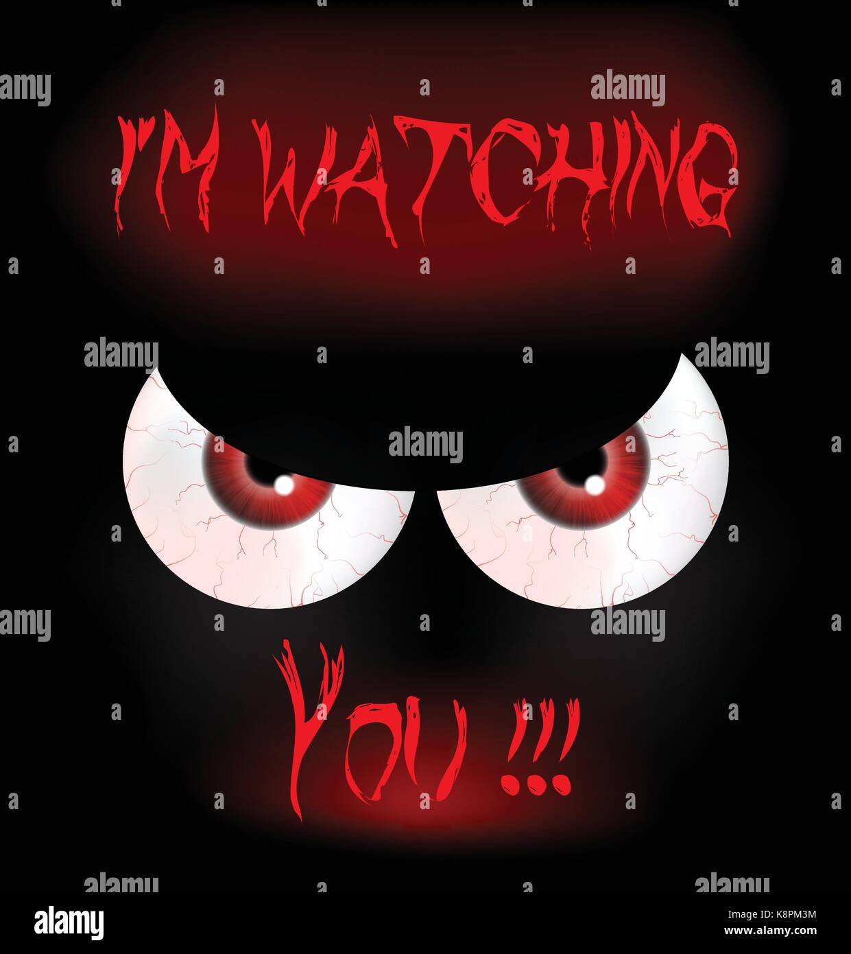 Immagine di happy Halloween spooky background design piatto. Illustrazione Vettoriale di invito scheda con scary sanguinosa occhi, bulbi oculari con segno sto guardando Illustrazione Vettoriale
