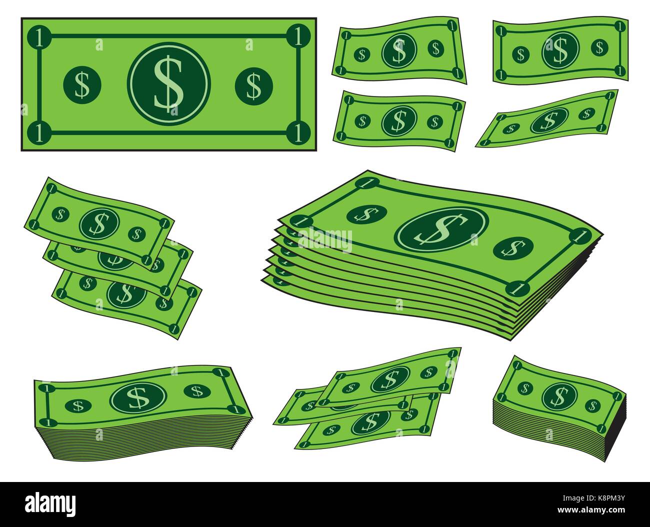 Cartoon denaro, dollar banconota, carta di bill. Illustrazione di vettore isolato su sfondo bianco Illustrazione Vettoriale