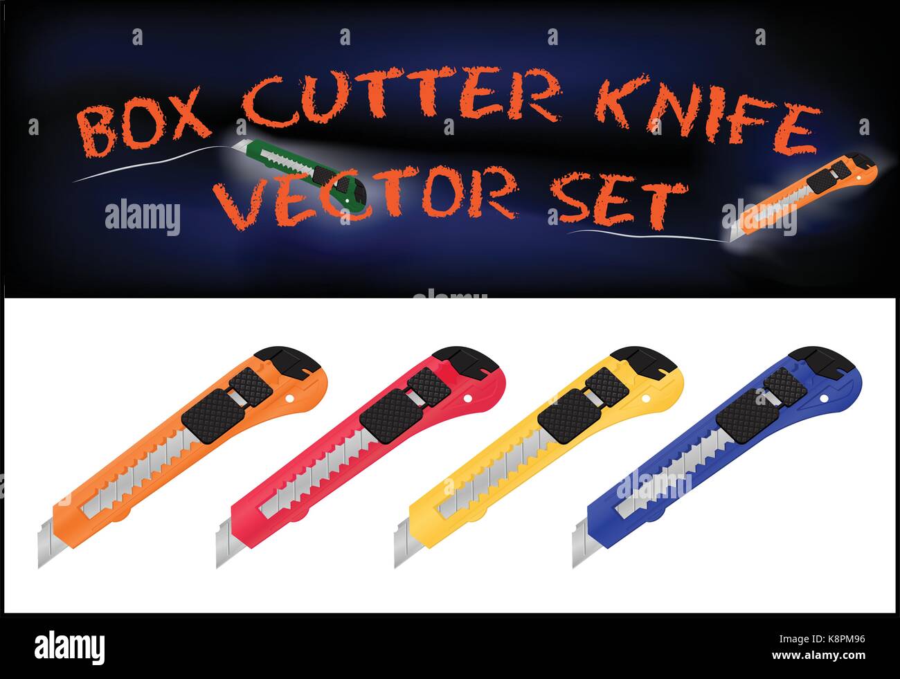 Illustrazione Vettoriale di realistica cutter set di coltelli isolati su sfondo bianco Illustrazione Vettoriale