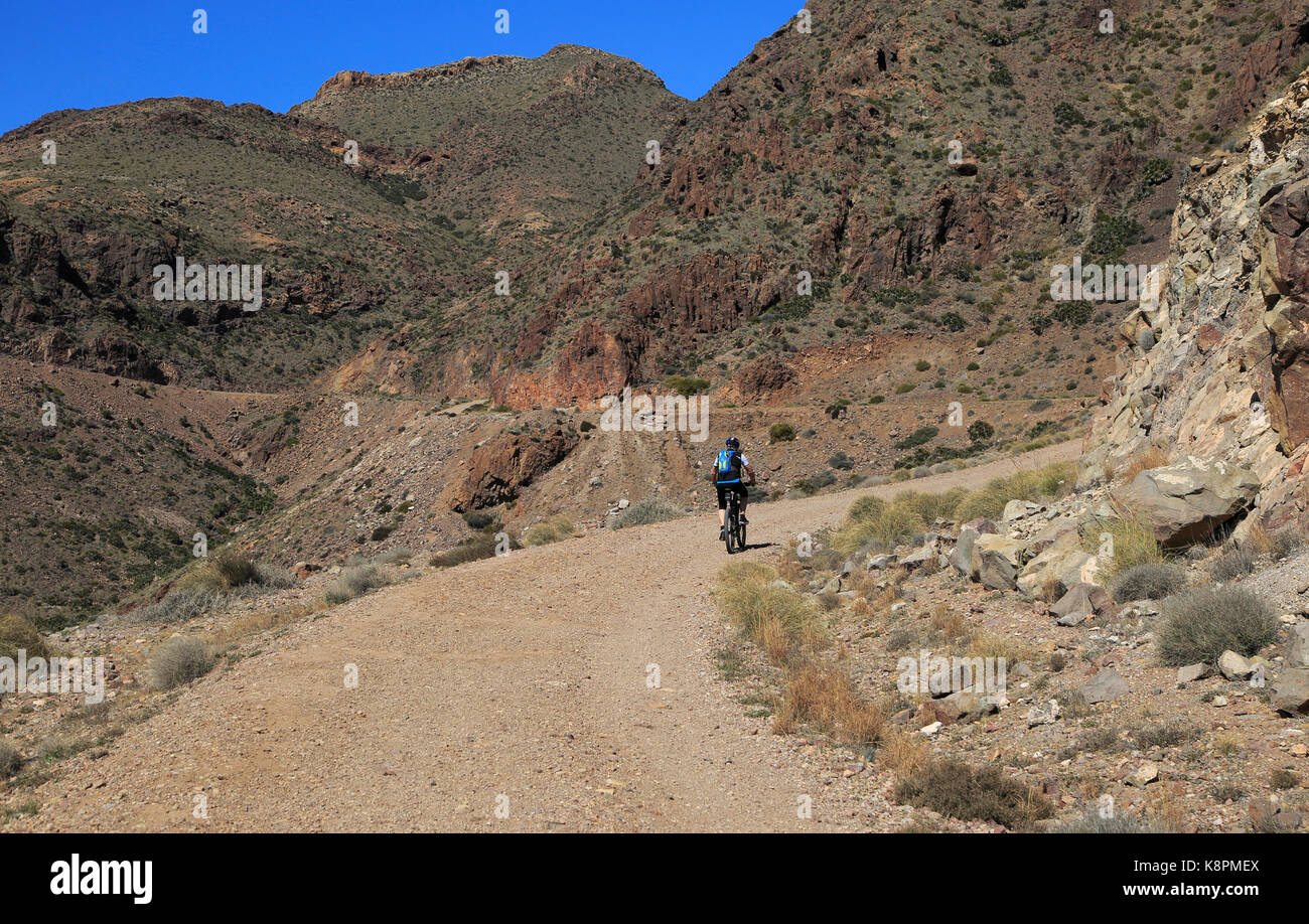 Persona in bicicletta nel Parco Nazionale Cabo de Gata, Monsul, nei pressi di San José, Almeria, Spagna Foto Stock