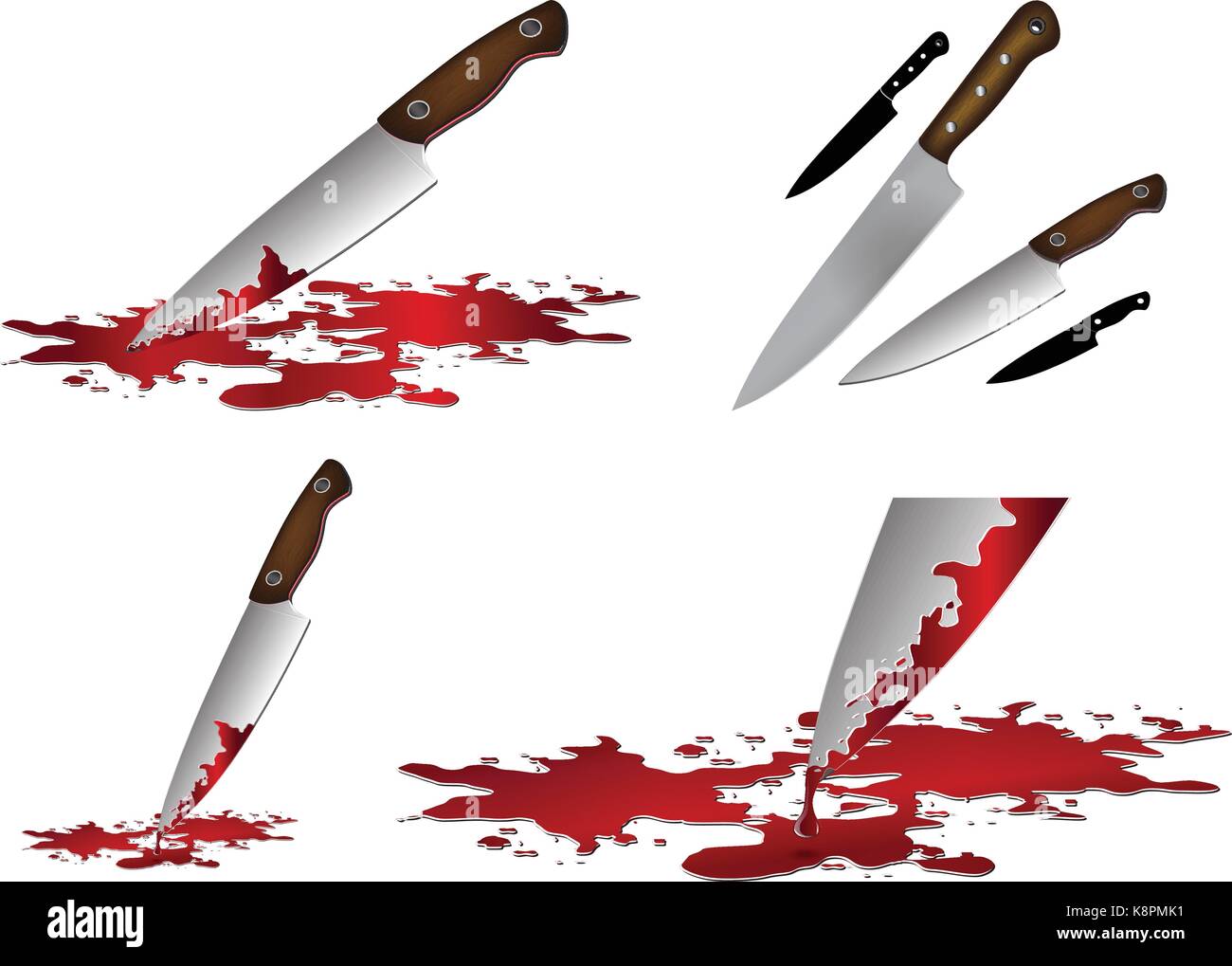 Realistico coltello insanguinato. Coltello con sangue illustrazione vettoriale set. Coltello da cucina set isolato su sfondo bianco. Illustrazione Vettoriale