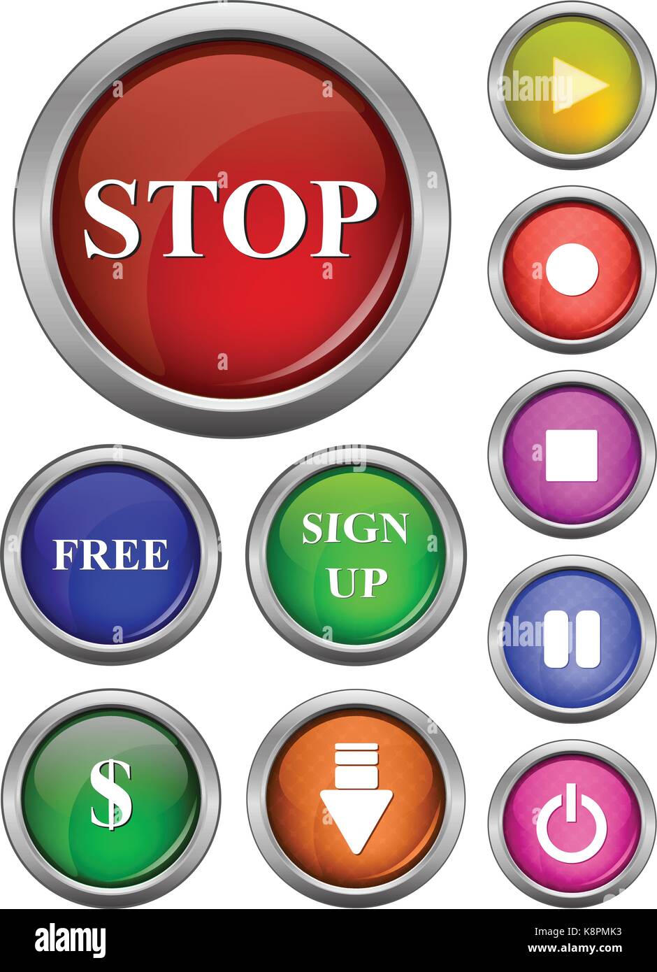 Vettore isolato, lucida pulsante web. Bella pulsante internet.vuoto su sfondo bianco. Con stop, gratis, iscriviti, dollaro, download, avviare, mettere in pausa Illustrazione Vettoriale