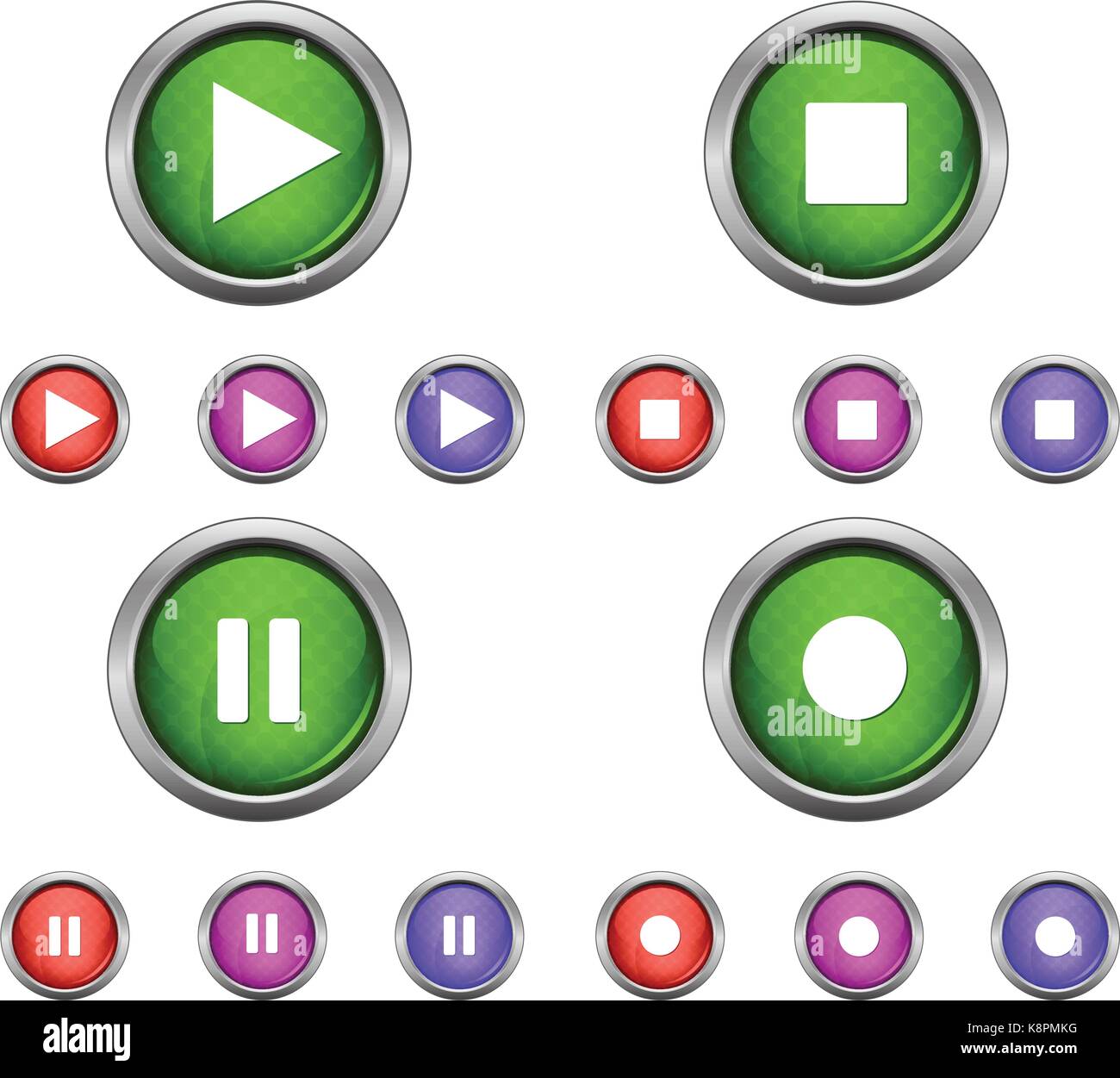 Set di isolato di vettore lucido pulsanti web. Belli i pulsanti di internet isolati su sfondo bianco. Riprodurre o mettere in pausa, avviare la registrazione. Illustrazione Vettoriale