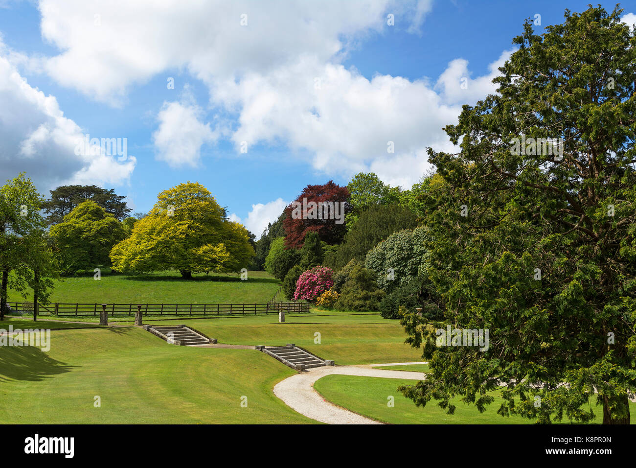 Un classico country garden paesaggio a pencarrow house vicino a Bodmin in Cornovaglia, Inghilterra, Regno Unito. Foto Stock