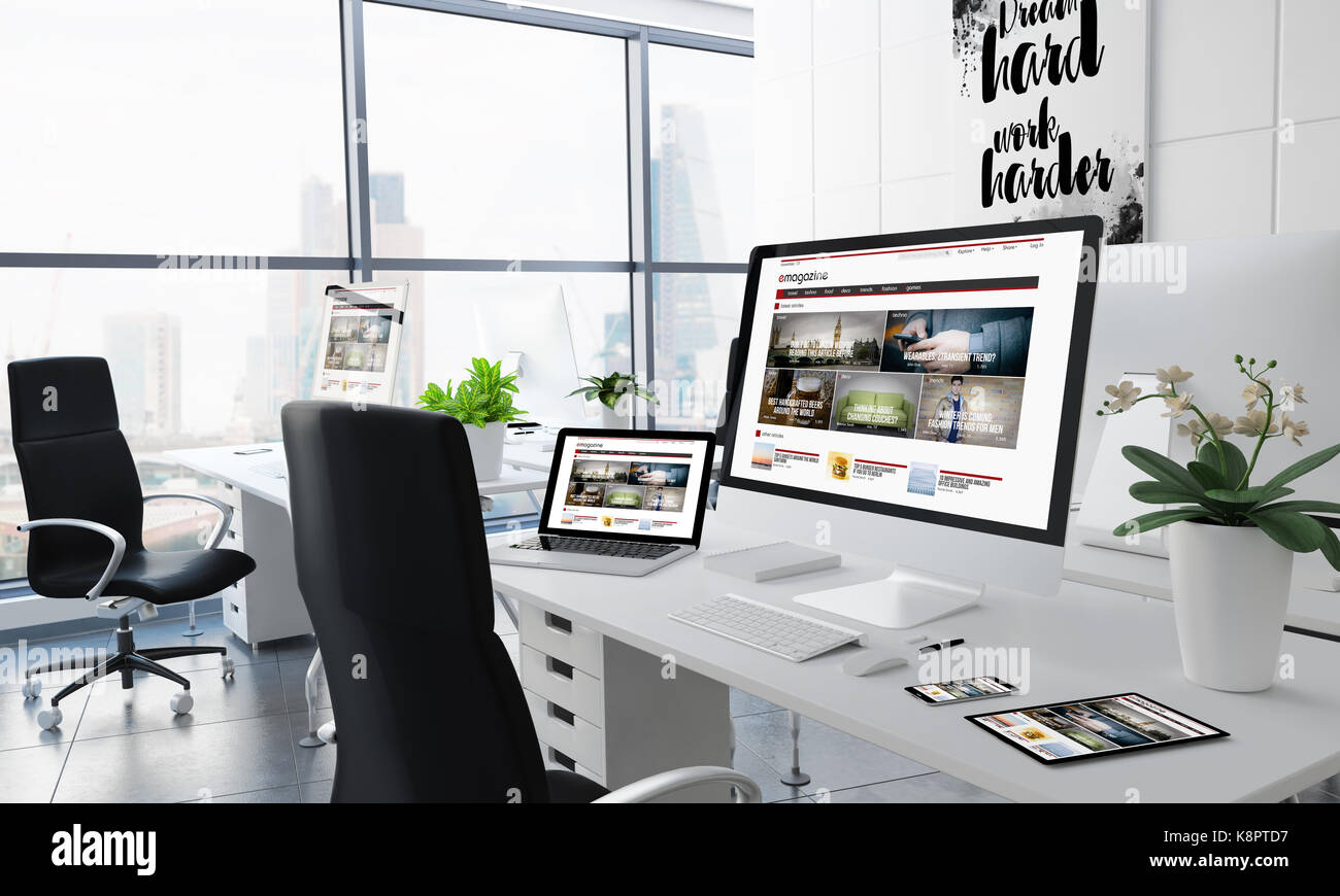 Office desktop 3D rendering con l'e-magazine sullo schermo Foto Stock