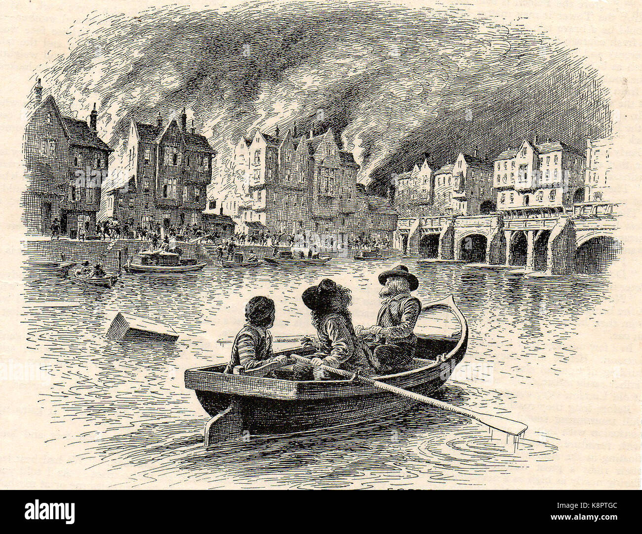 Un 1930 illustrazione del Grande Incendio di Londra (1666) dal fiume Tamigi Foto Stock