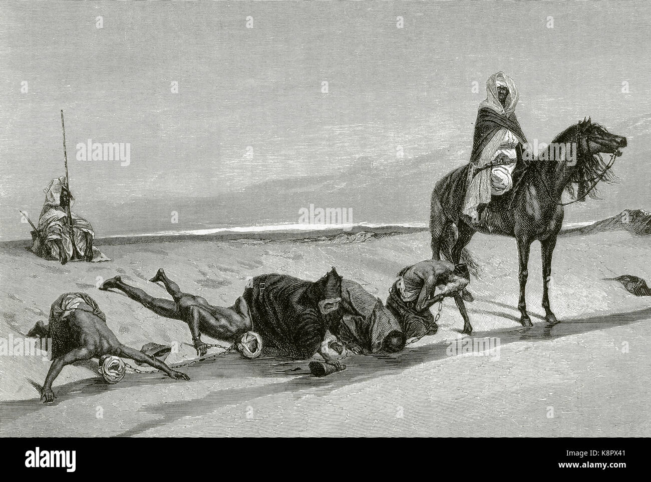 Caravan slave nel deserto. Effettuare un arresto sul cammino per acqua potabile. Incisione. Xix secolo. Foto Stock