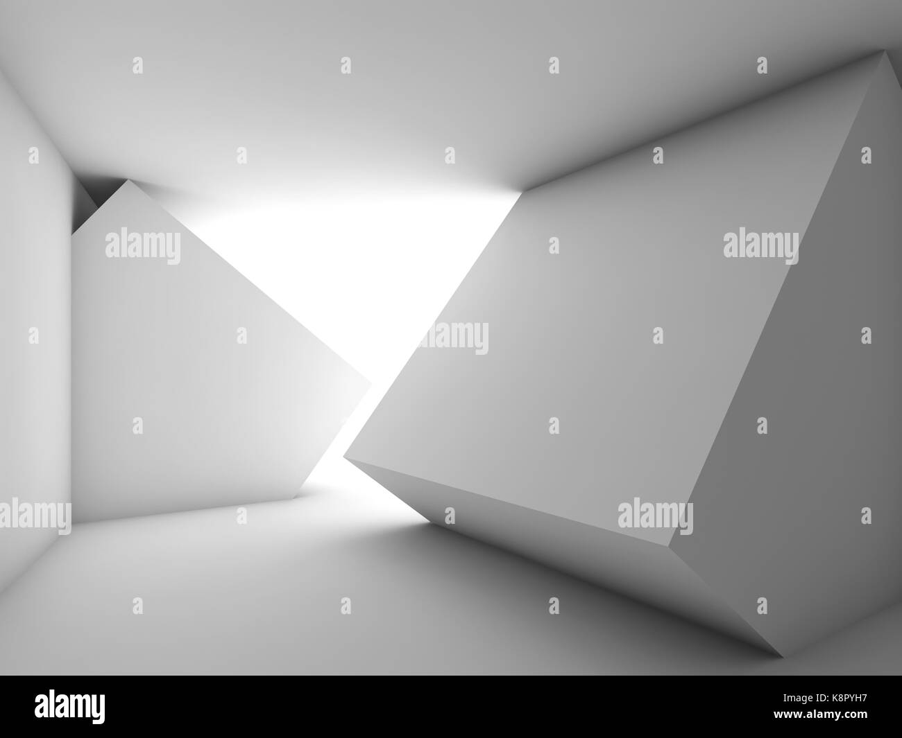 Abstract vuoto bianco interno camera con finestra luminosa e a forma di cubo di installazione, 3D render illustrazione Foto Stock
