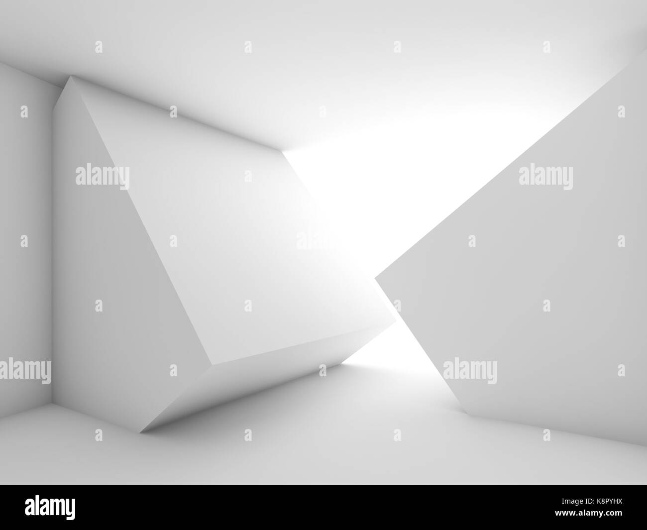 Abstract vuoto interno camera con finestra luminoso e bianco a forma di cubo di installazione, 3D render illustrazione Foto Stock