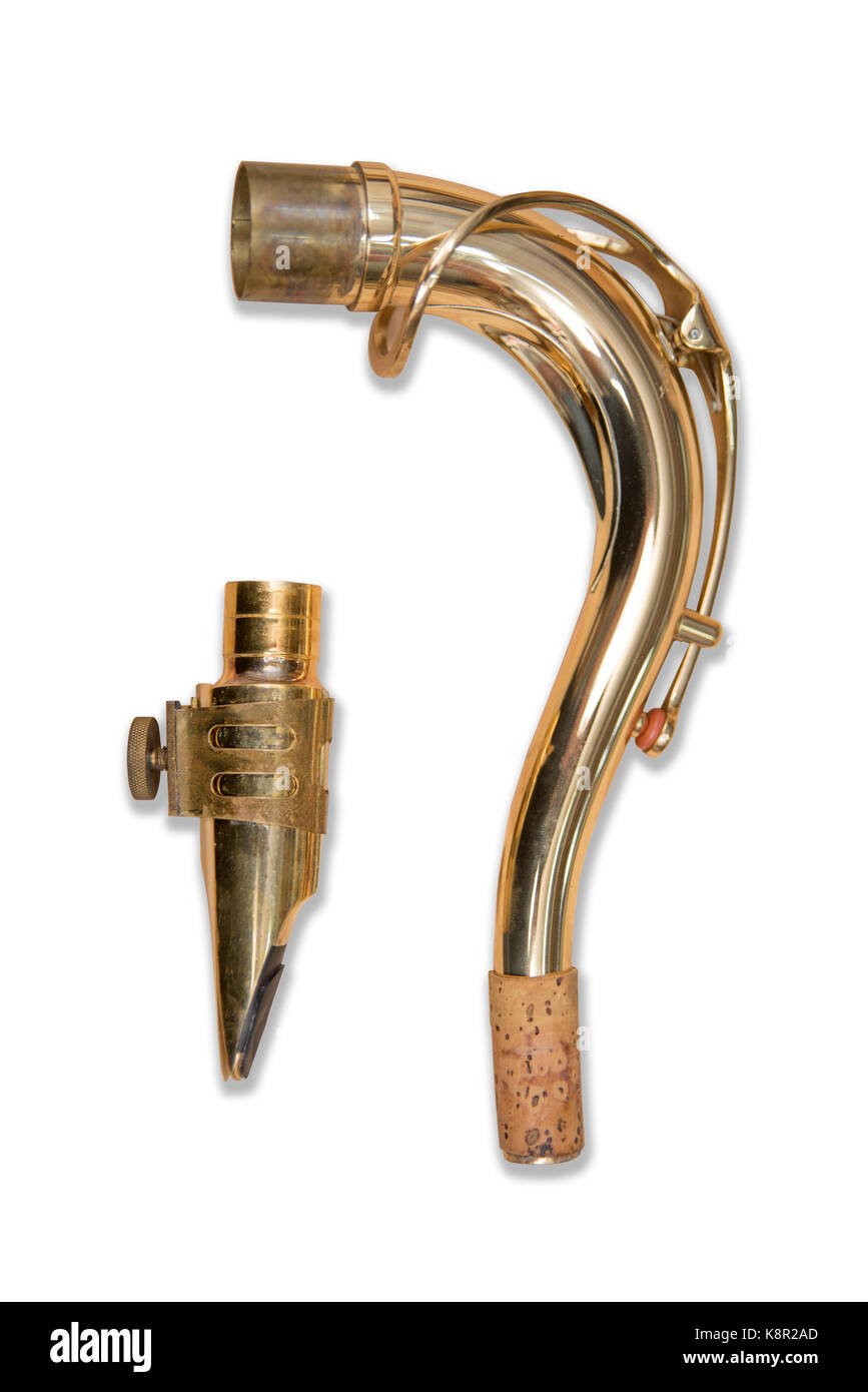 Sassofono tenore boccaglio isolato su uno sfondo bianco. Foto Stock