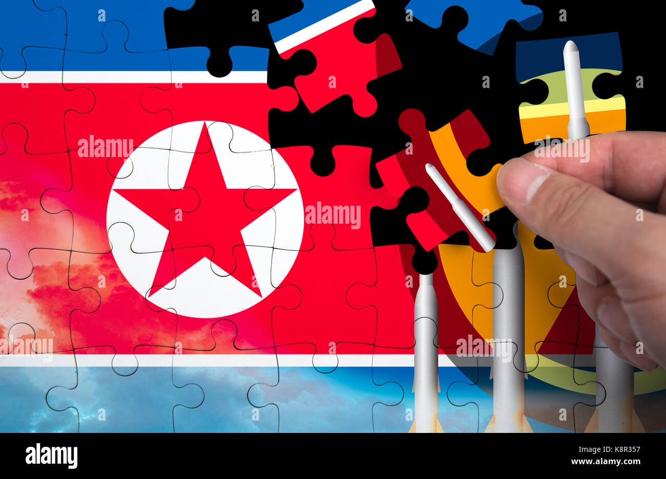 La corea del nord missile armi. Bandiera della Corea del Nord. i pezzi del puzzle. Foto Stock