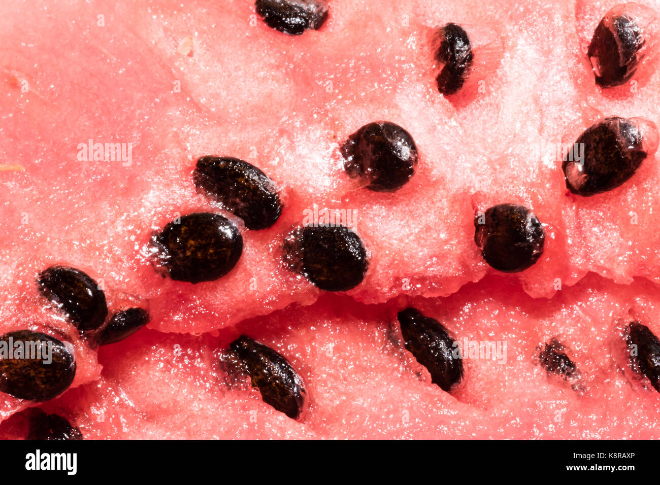 Close-up rosso anguria fresca con semi neri. sano dolce vegetali tropicali in dettaglio, vibranti colori rosso. Foto Stock