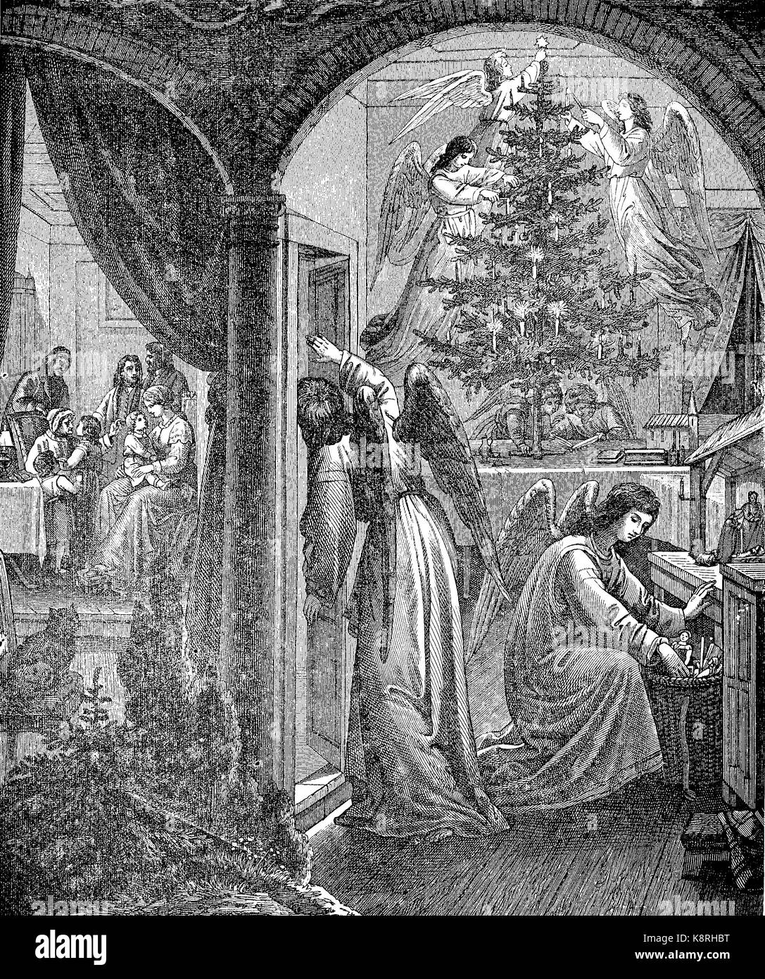 Le decorazioni di Natale, angeli nascondere i doni e decorare l'albero di Natale, Weihnachtsbescherung, Engel verstecken die Geschenke und schmücken den Weihnachtsbaum, digitale migliorata la riproduzione di una xilografia, pubblicata nel XIX secolo Foto Stock