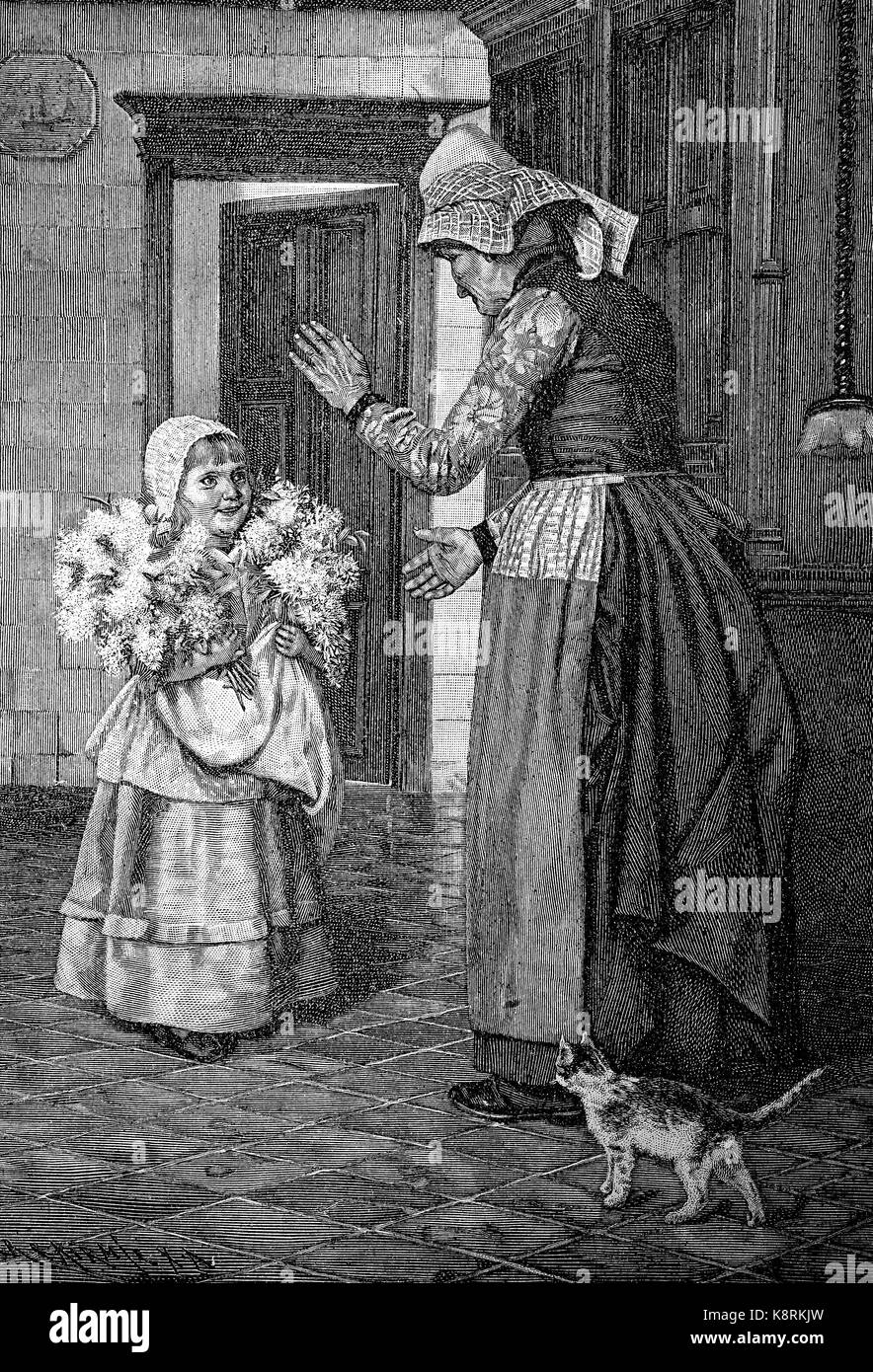Il elogiativo, bambino si congratula con la nonna per festeggiare un compleanno con un bouquet di fiori, Die Gratulantin, tipo gratuliert der Großmutter zum Geburtstag Mit einem Blumenstrauß, digitale migliorata la riproduzione di una xilografia, pubblicata nel XIX secolo Foto Stock