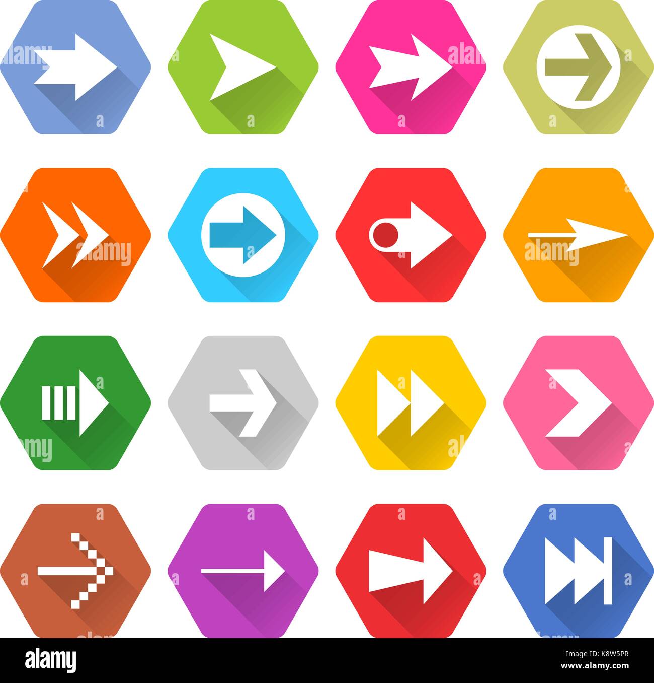 Una freccia piatta icona 16 set esagonali arrotondati pulsante web su sfondo bianco. semplice in stile minimalista mono lunga ombra stile. illustrazione vettoriale design internet Illustrazione Vettoriale