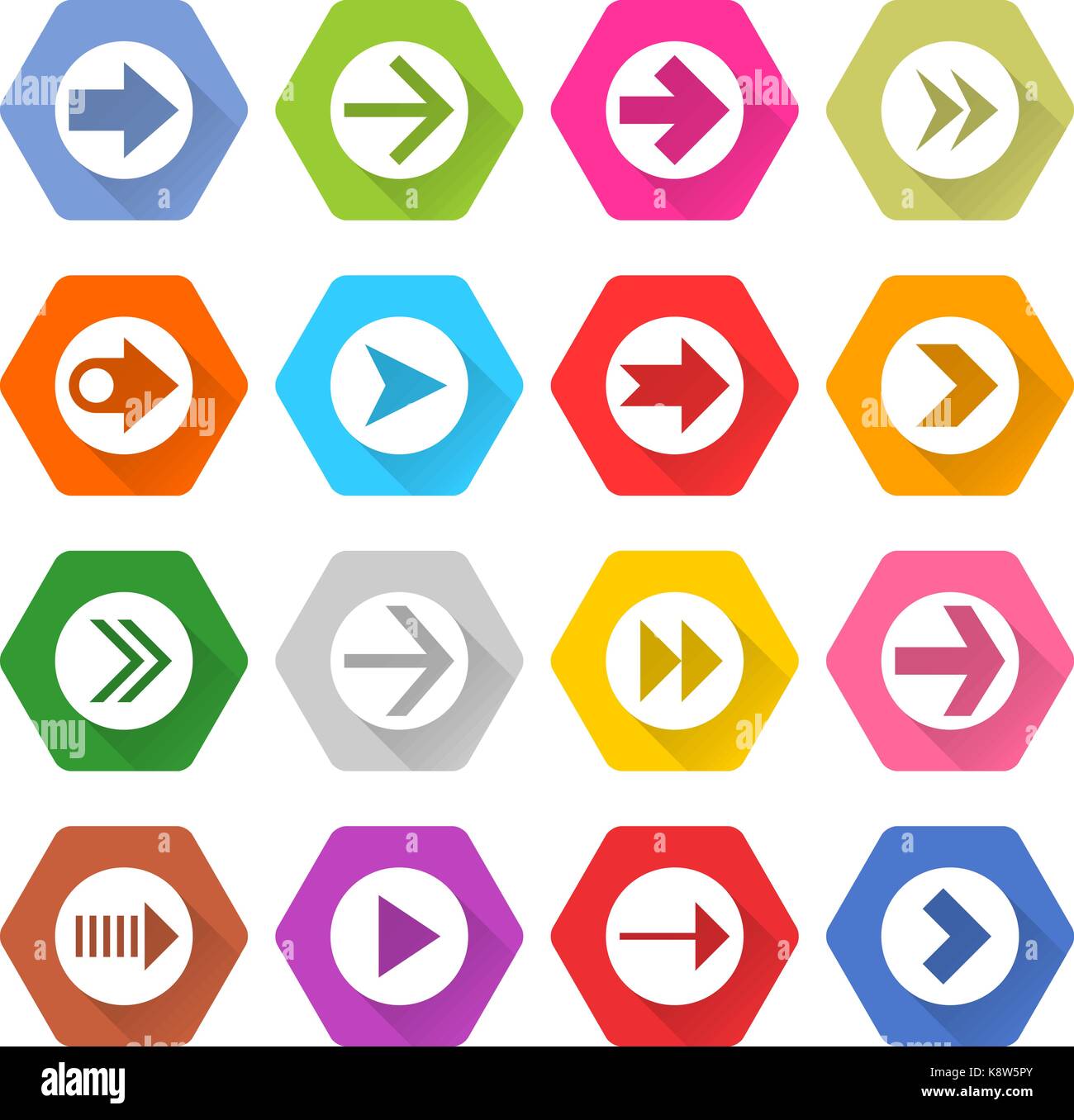 Una freccia piatta icona 16 set esagonali arrotondati pulsante web su sfondo bianco. semplice in stile minimalista mono lunga ombra stile. illustrazione vettoriale design internet Illustrazione Vettoriale