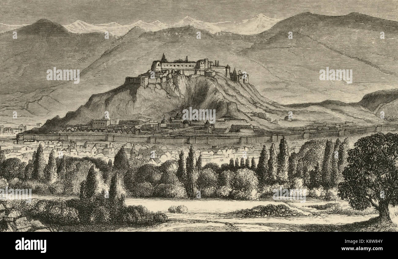 Hari Parbat è una collina che si affaccia su Srinagar, la più grande città e capitale estiva del Jammu e Kashmir, circa 1853 Foto Stock
