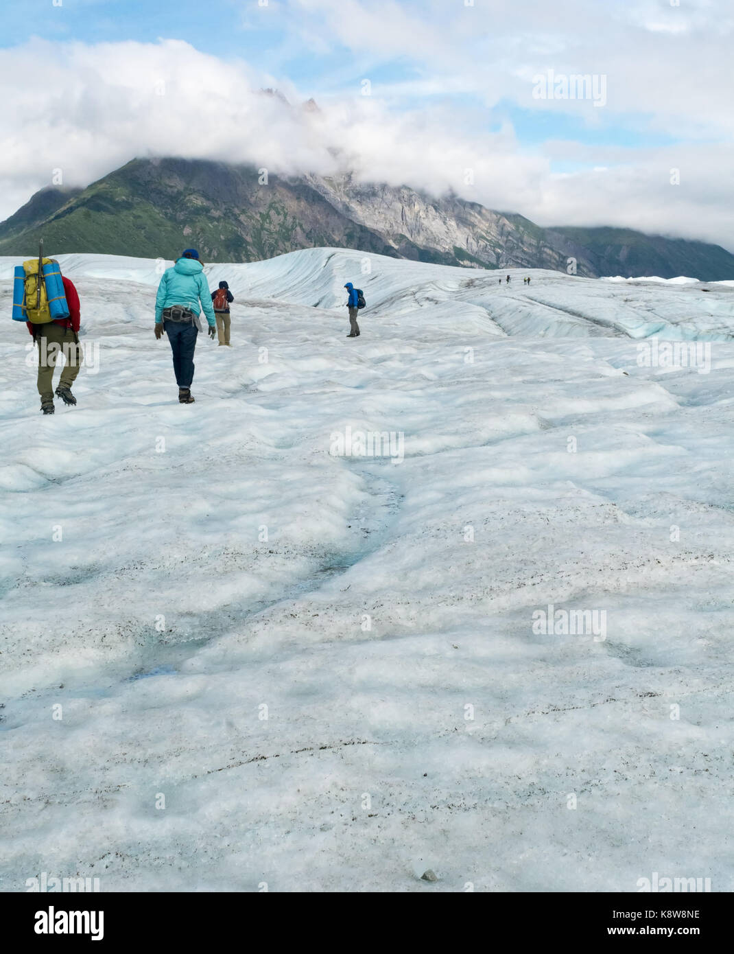 Le persone sono escursionismo in salita sul ghiacciaio di root. Foto Stock