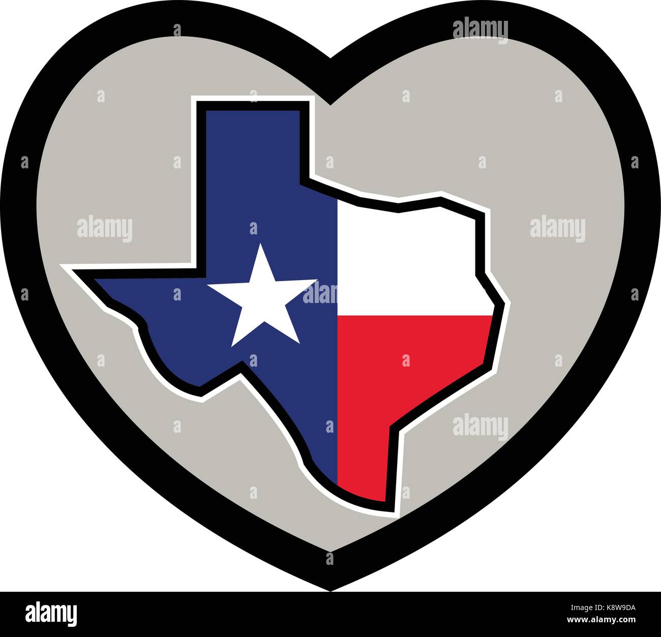 Lo stile dell'icona illustrazione del texas bandiera avvolto nella mappa di stato impostato all'interno del cuore isolato su sfondo. Illustrazione Vettoriale