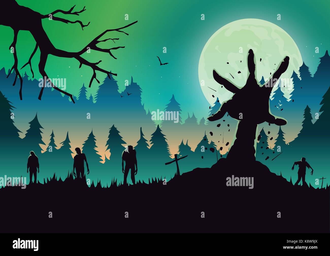 Silhouette braccio zombie fuori dal terreno in una notte di luna piena. Illustrazione Vettoriale