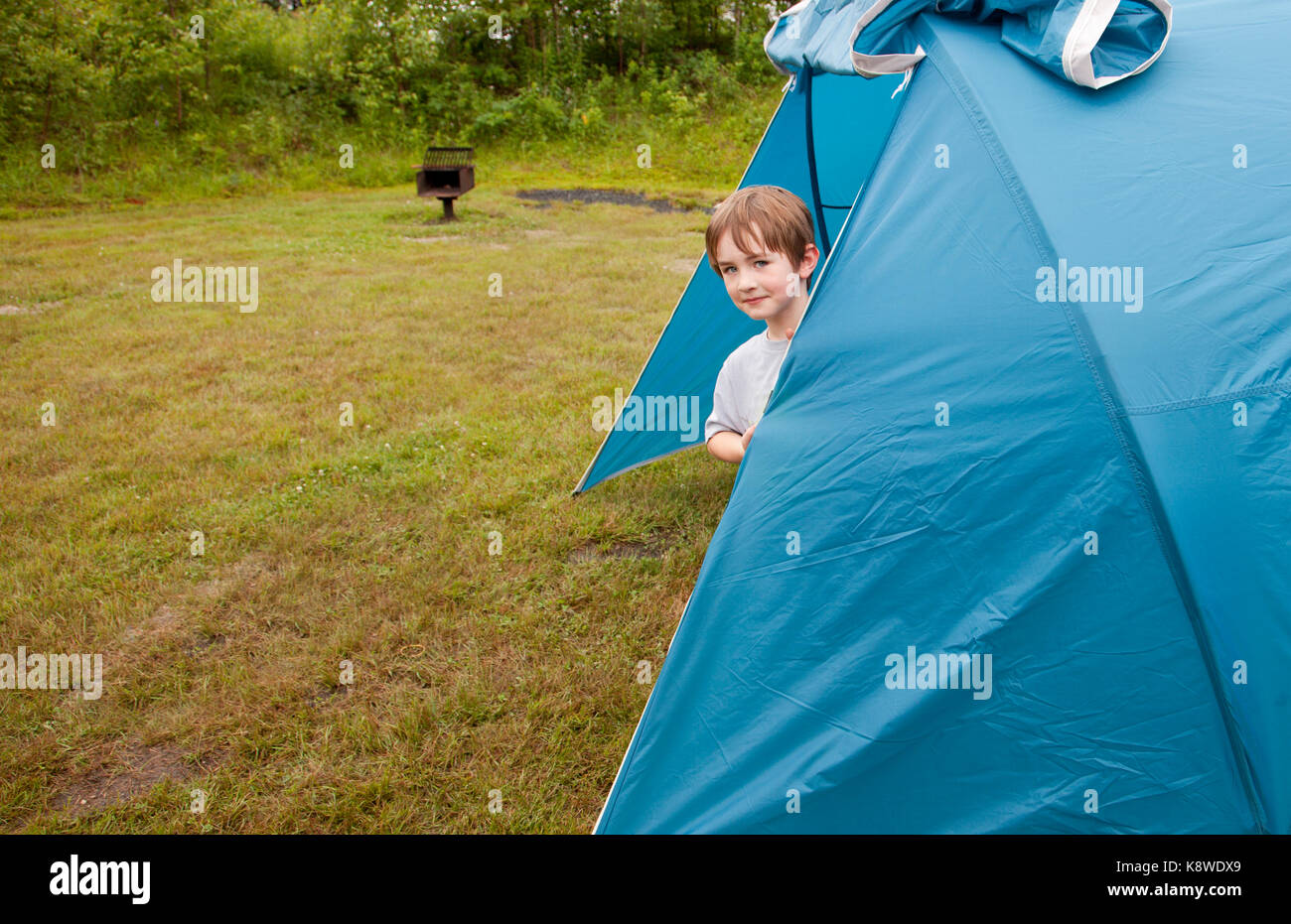 Little Boy che spuntavano da all'interno della tenda, con erba verde spazio copia Foto Stock