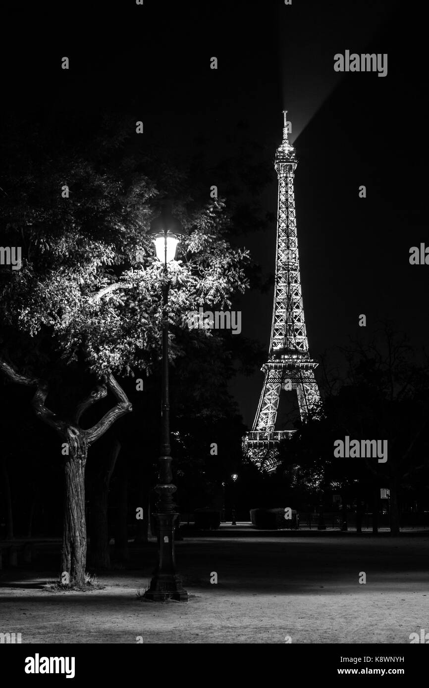 La torre Eiffel come si vede dalla fine del Champ de Mars Foto Stock