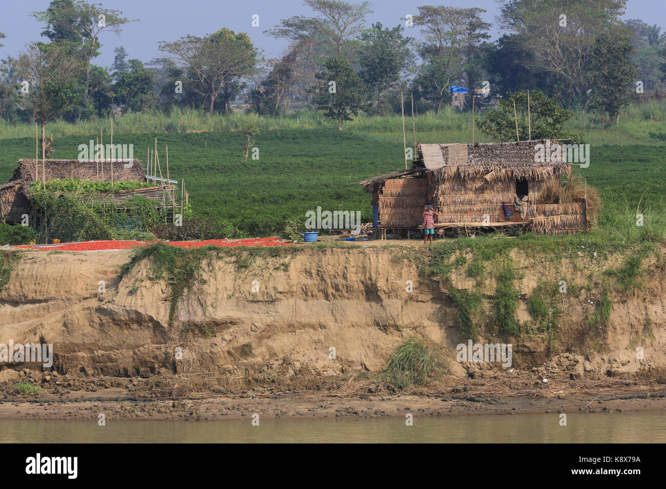 Un ragazzo di scattare una foto di un passaggio di crociera turistica barca ad una fattoria lungo il fiume Irrawaddy in Myanmar (Birmania). Foto Stock