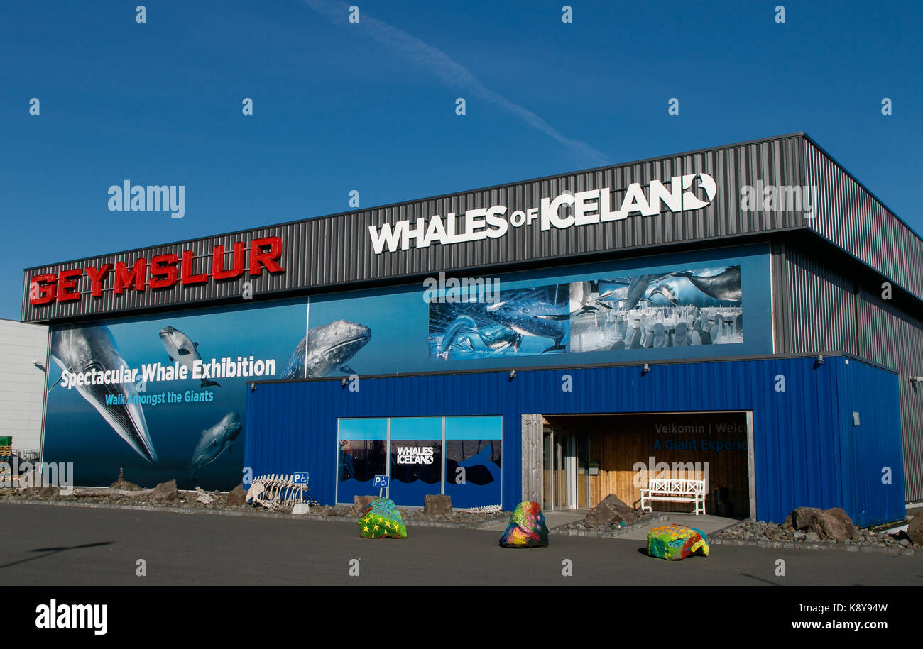 L'esterno dell'edificio dove le balene in Islanda esposizione. Foto Stock