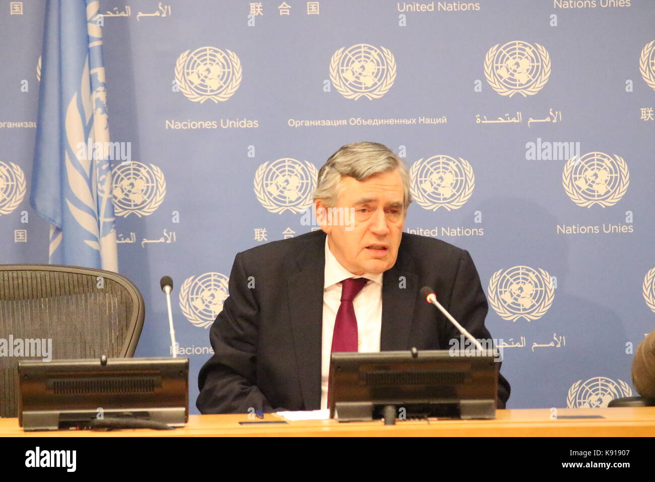 Onu, new york, Stati Uniti d'America. Xxi Sep, 2017. Gordon Brown, inviato dell Onu per l'educazione, ha informato la stampa di educazione non può attendere.' credit: Matthew russell lee/alamy live news Foto Stock