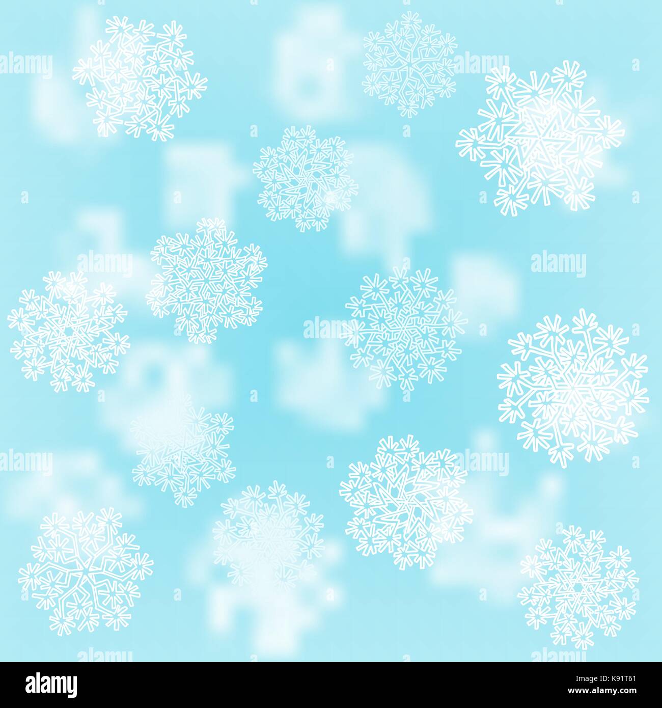 Natale fiocchi di neve bianca sulla sfocatura dello sfondo blu. vacanze inverno pattern. illustrazione vettoriale. Illustrazione Vettoriale