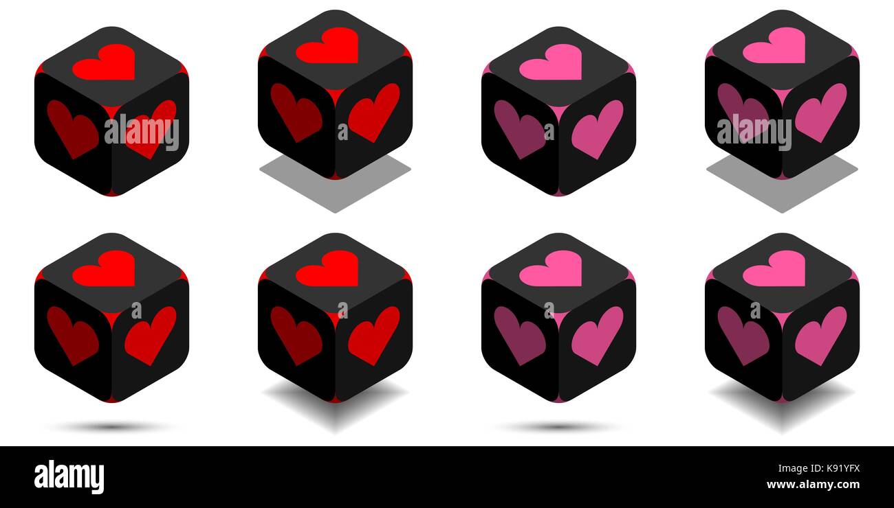 Cubo con cuore in rosso e rosa colori, isometrica cubo nero di amore con angoli arrotondati e cuore segno sui lati, vettore icona della Scatola cuore Illustrazione Vettoriale