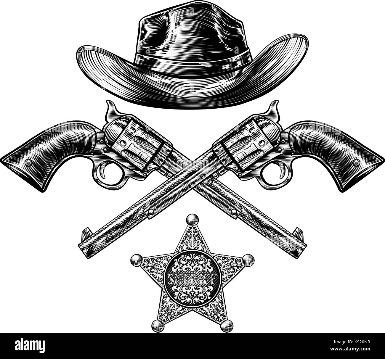Pistole e cappello da cowboy con sheriff badge a stella Illustrazione Vettoriale