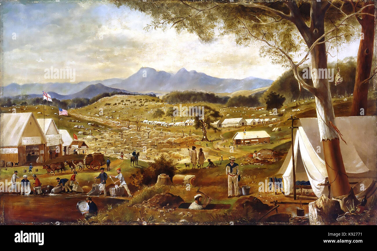 ESTRAZIONE dell'oro ad Ararat nel sud ovest di Victoria, Australia, dipinta dall'artista inglese Edwin Roper nel 1854 Foto Stock