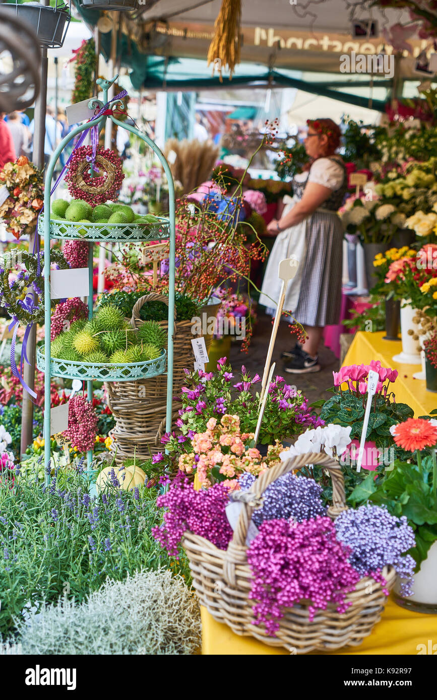 Diversi fiori colorati al Viktualienmarkt, Monaco di Baviera, Germania Foto Stock