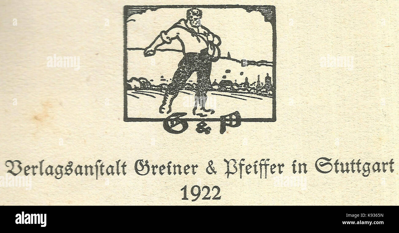 Logo der Verlagsanstalt Greiner & Pfeiffer, Stoccarda aus dem Jahre 1922 Foto Stock