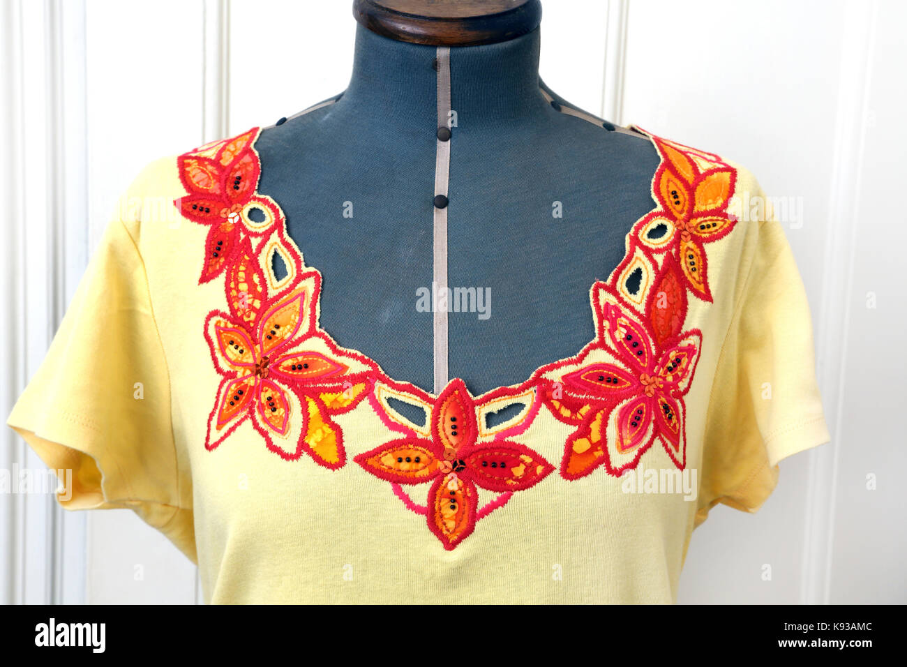 Esclusione di Design di ricamo attorno al collo di T-Shirt Foto Stock