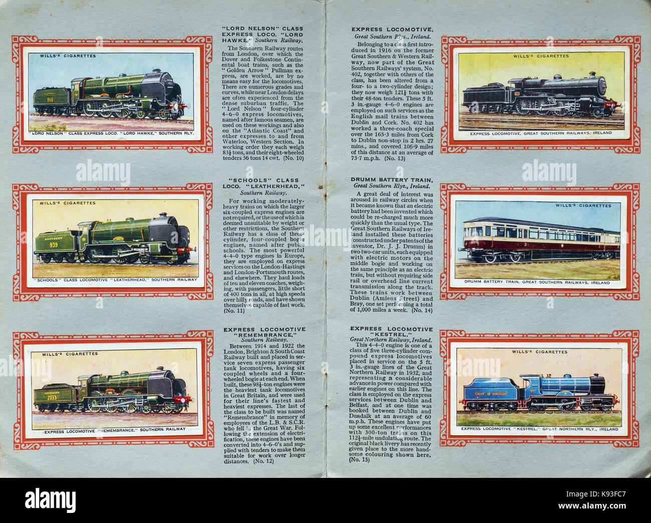 Carte di sigaretta, motori ferroviari, treni, locomotori e treni a vapore, vintage Foto Stock