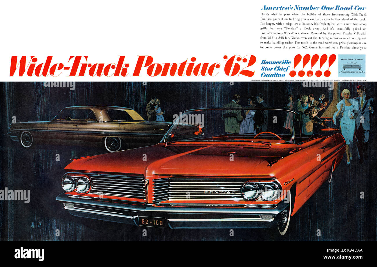 1961 pubblicità negli Stati Uniti per General Motors' 1962 gamma di automobili Pontiac. Foto Stock