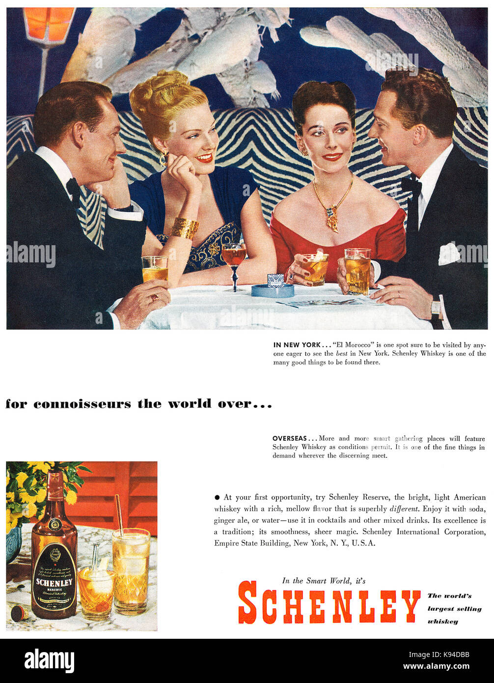 1947 pubblicità negli Stati Uniti per la riserva Schenleys whiskey. Foto Stock