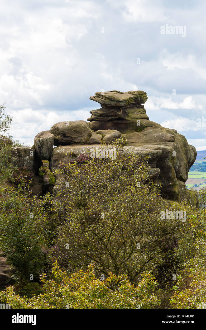 Bilanciamento del belle formazioni rocciose a Brimham rocce vicino ponte Pateley North Yorkshire England Regno Unito Regno Unito Foto Stock