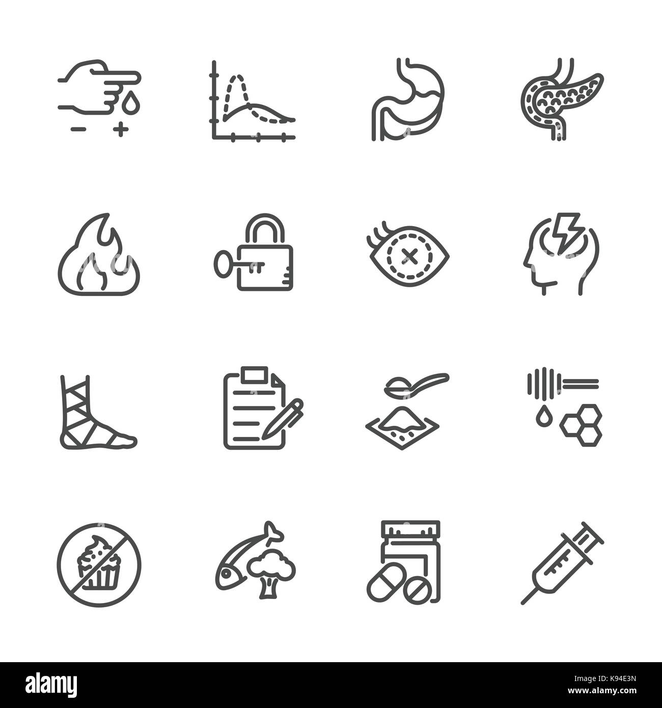 Il diabete set di icone vettoriali icone di linea Illustrazione Vettoriale