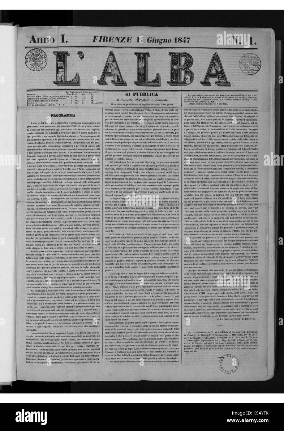 L'Alba prima pagina del 14 giugno 1847 Foto Stock