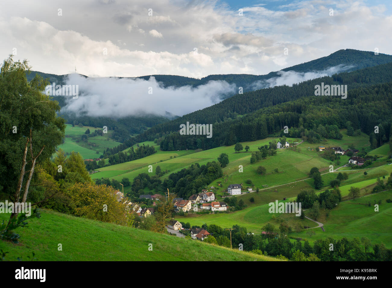 Foresta nera in Germania con il piccolo villaggio dal di sopra all'alba con la nebbia Foto Stock
