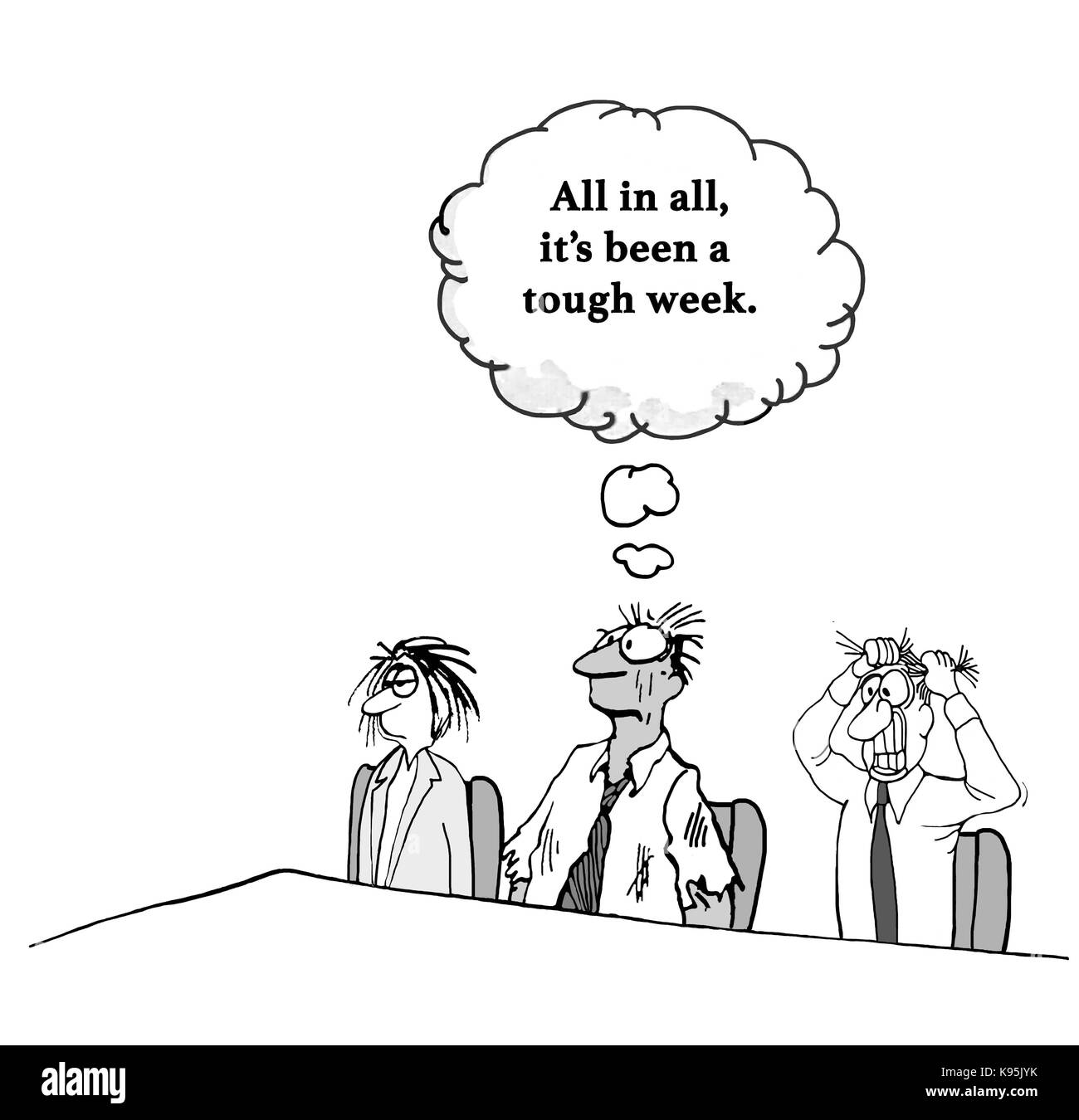 Business cartoon mostra disheveled, stanchi, imprenditori, '... una dura settimana". Foto Stock