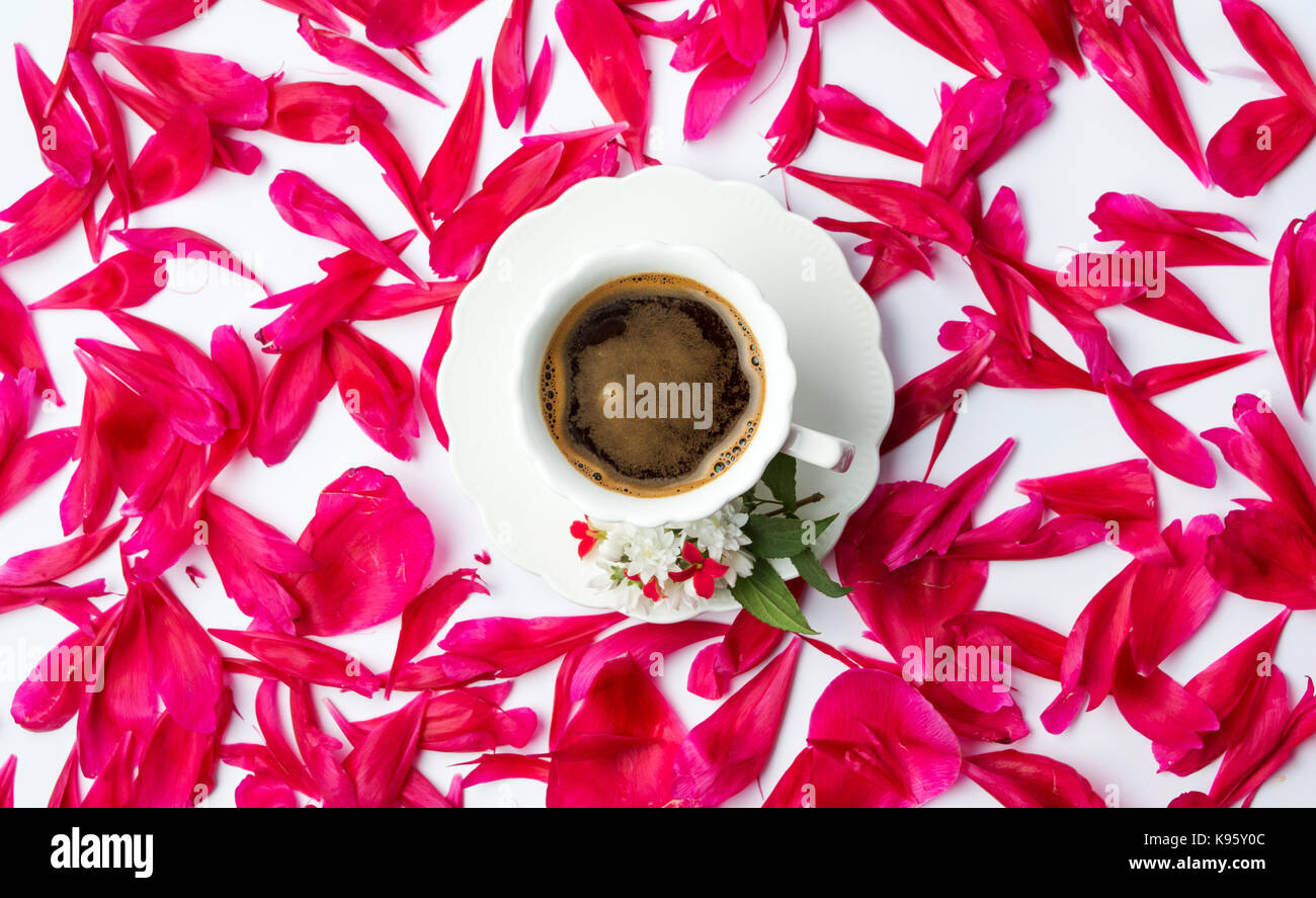 Tazza di caffè circondato da red petali di fiori Foto Stock