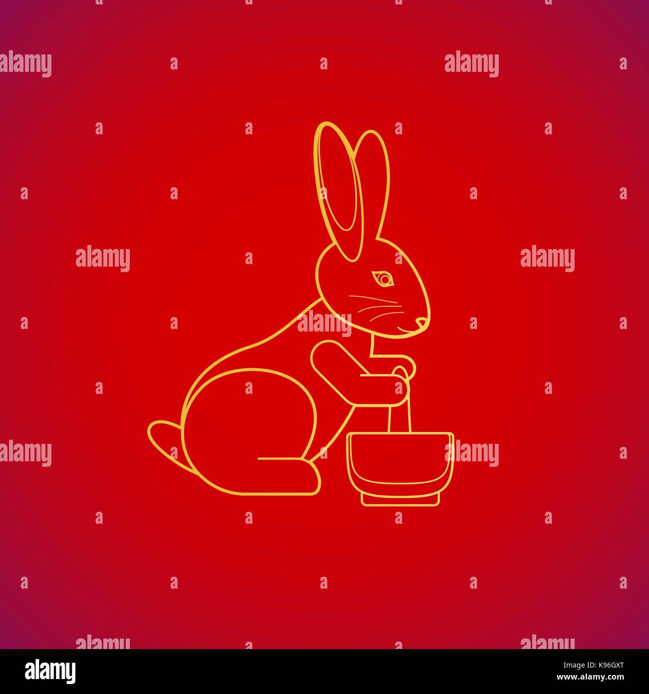 Vettore di colore oro cinese tradizionale coniglio luna pounding l'elisir di lunga vita contorno giallo illustration design su sfondo rosso Illustrazione Vettoriale