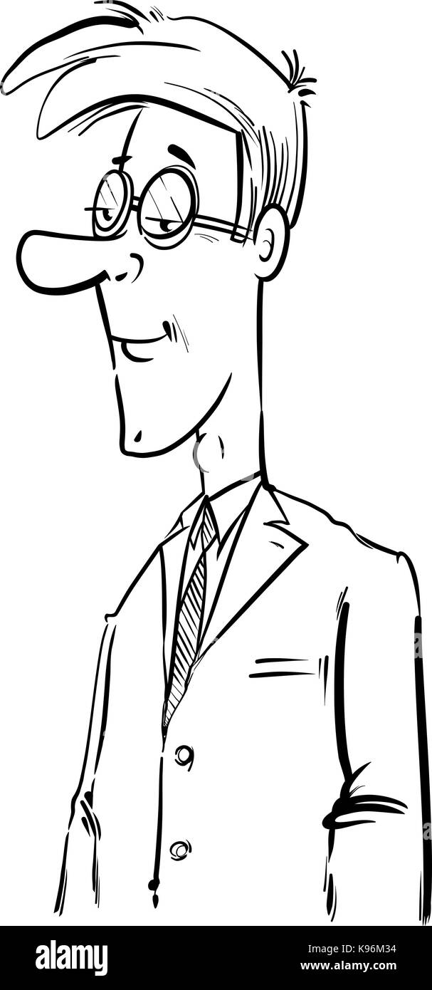 In bianco e nero il disegno illustrativo del giovane imprenditore caricatura di caratteri Illustrazione Vettoriale
