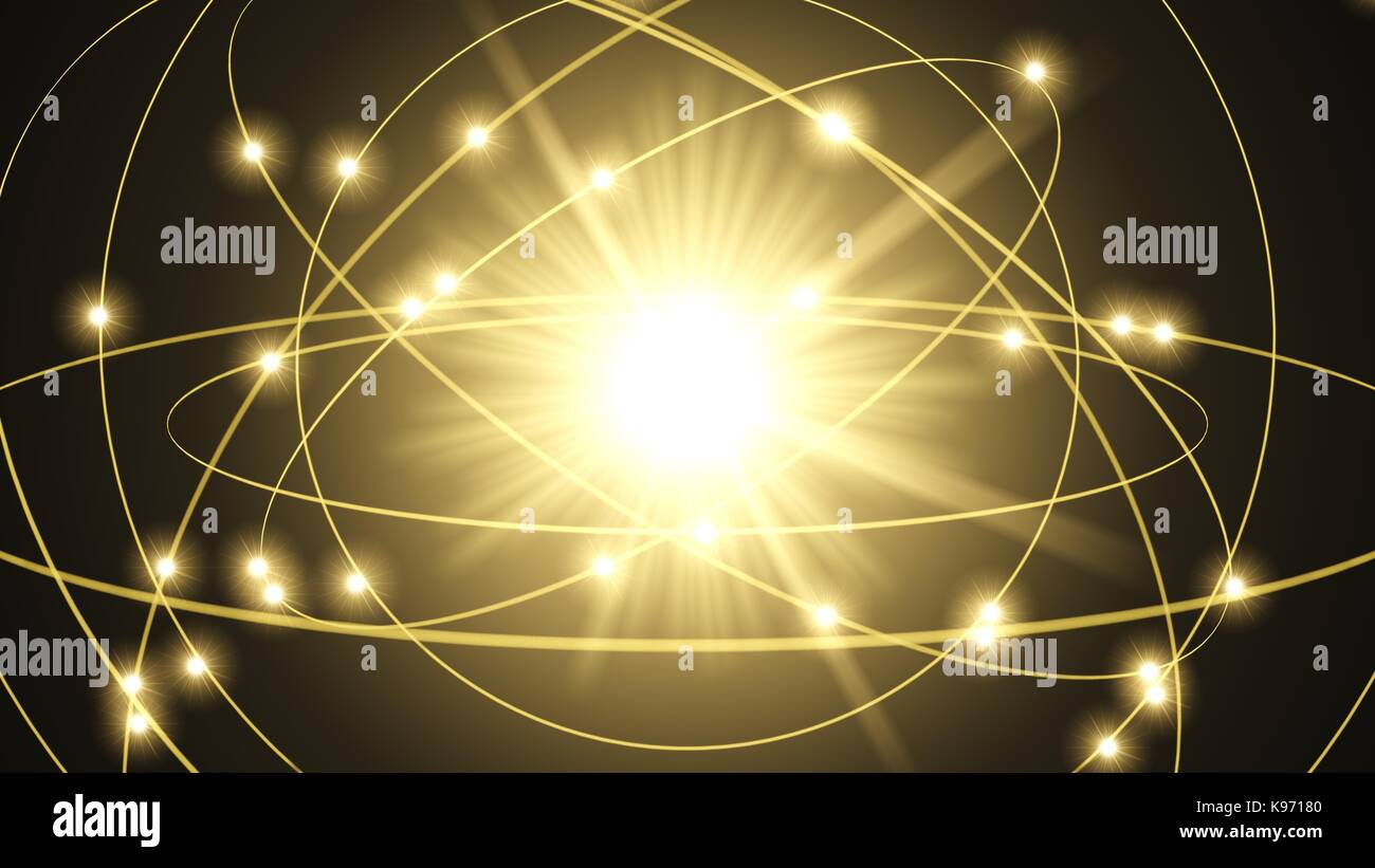 Atom illustrazione incandescente con fasci di luce. 3d'illustrazione. Foto Stock